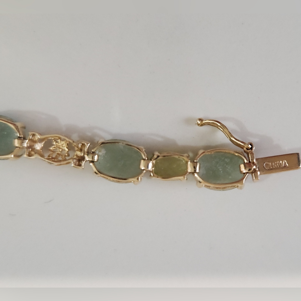 Vintage 14k Yellow Gold Jade & Peridot Chinese Character Tennis Bracelet 7.5 - Picture 5 of 9